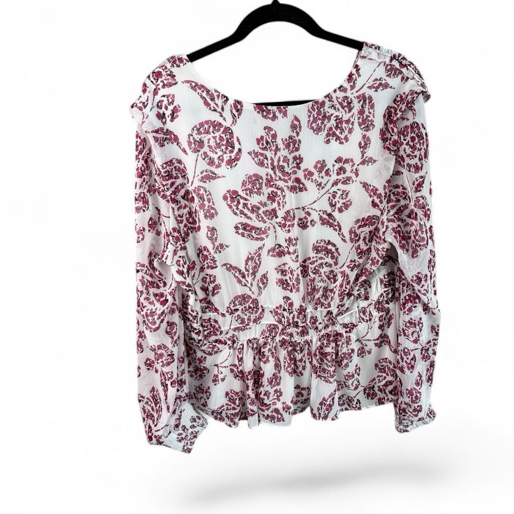 White House Black Market White & Red Floral V-Neck Peplum Blouse - Picture 3 of 7